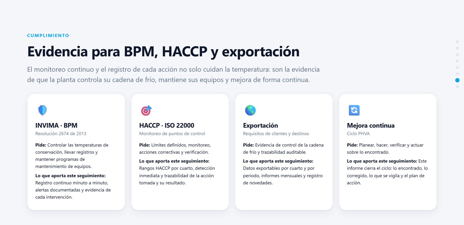 Sección de evidencia para BPM, HACCP y exportación
